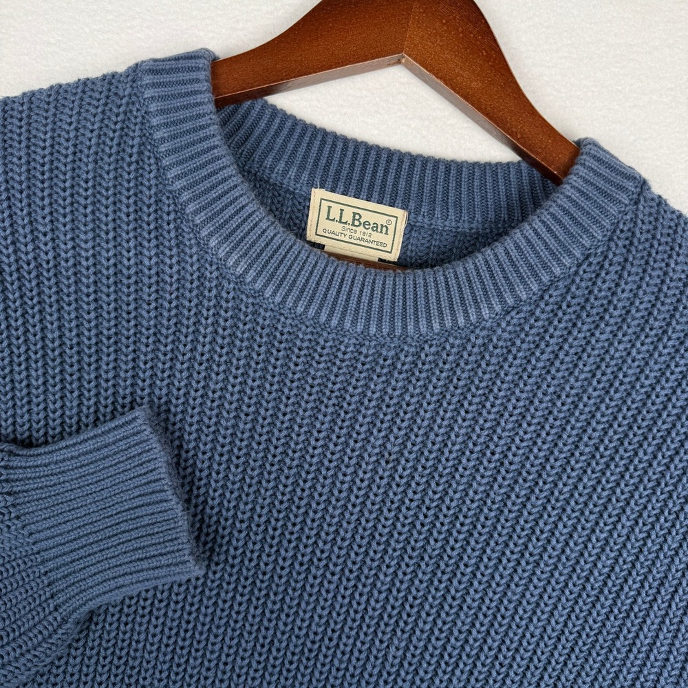 LL Bean Mens L Reg Blue Cotton Shaker Stitch Crewneck Fisherman Sweater OFHT3
